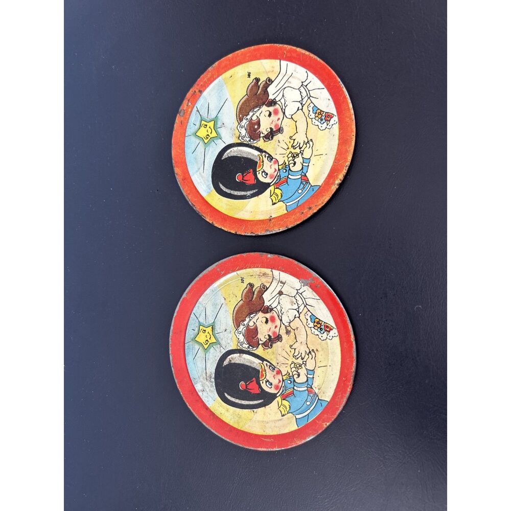 Vintage Animated Ohio Art Tin Tea Cup Plates- Set of 2, 4 in Diameter